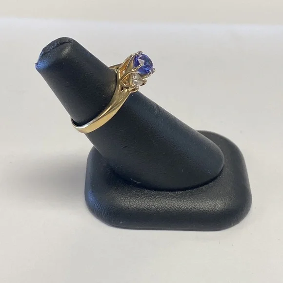 14k yellow gold tanzanite and trillion cut diamond 3 stone ring size 5.5